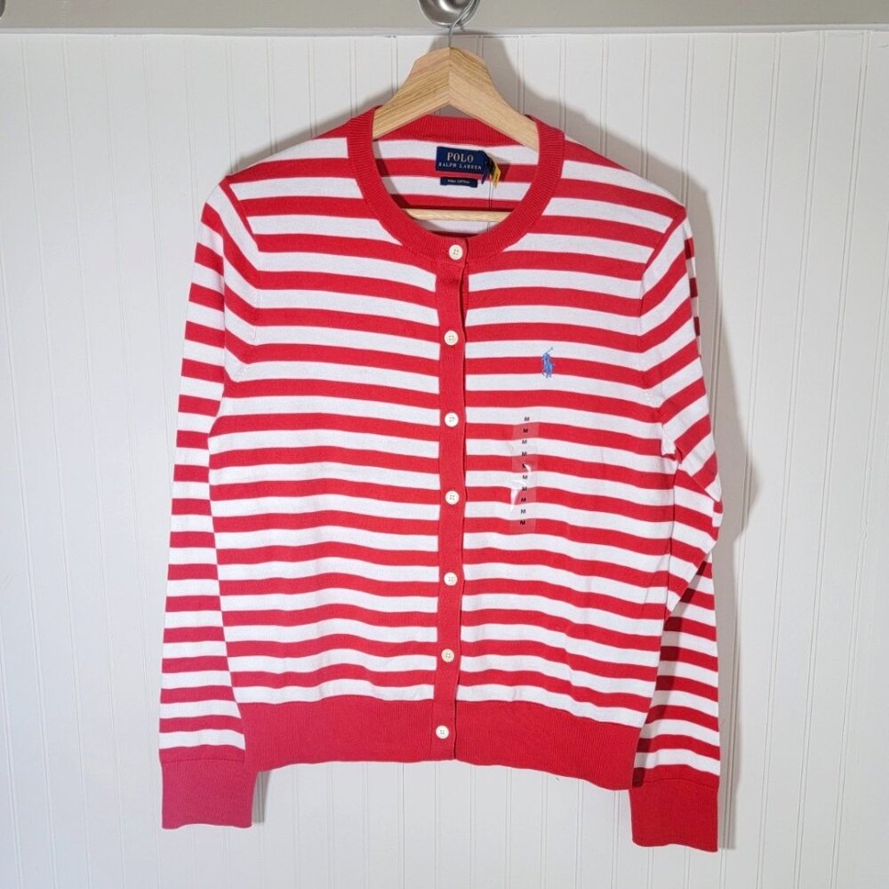 Polo Ralph Lauren Women Striped Pima Cotton Cardigan Red